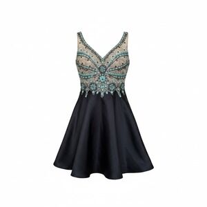 Ed Young Hand Beaded Fit and Flare Cocktail Dress Teal Silver Black Large